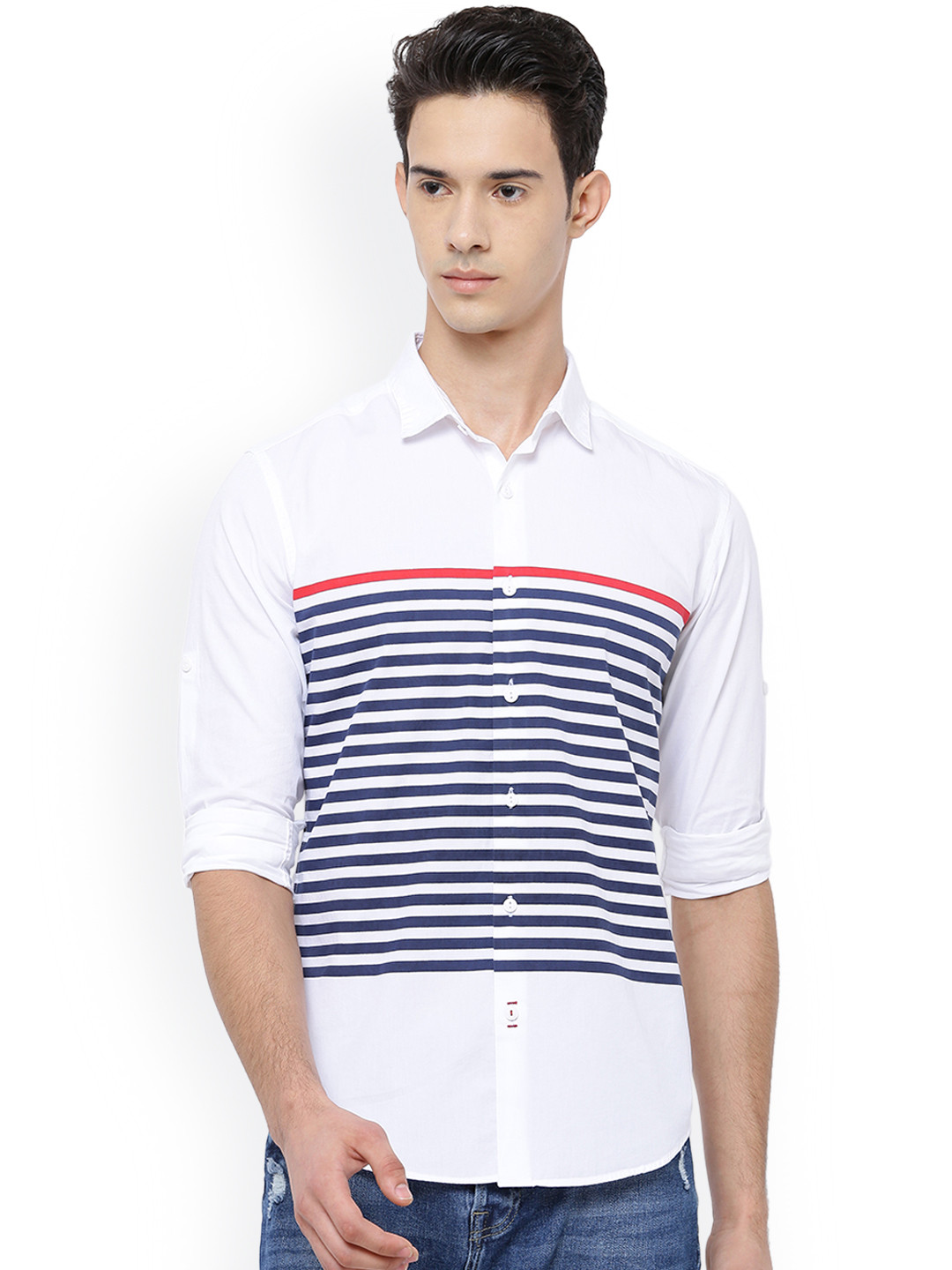 

LOCOMOTIVE Men White & Navy Blue Slim Fit Striped Casual Shirt