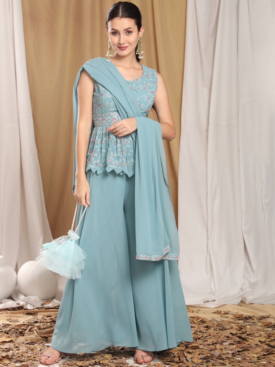 

KALINI Women Blue Floral Embroidered Kurta with Sharara & With Dupatta