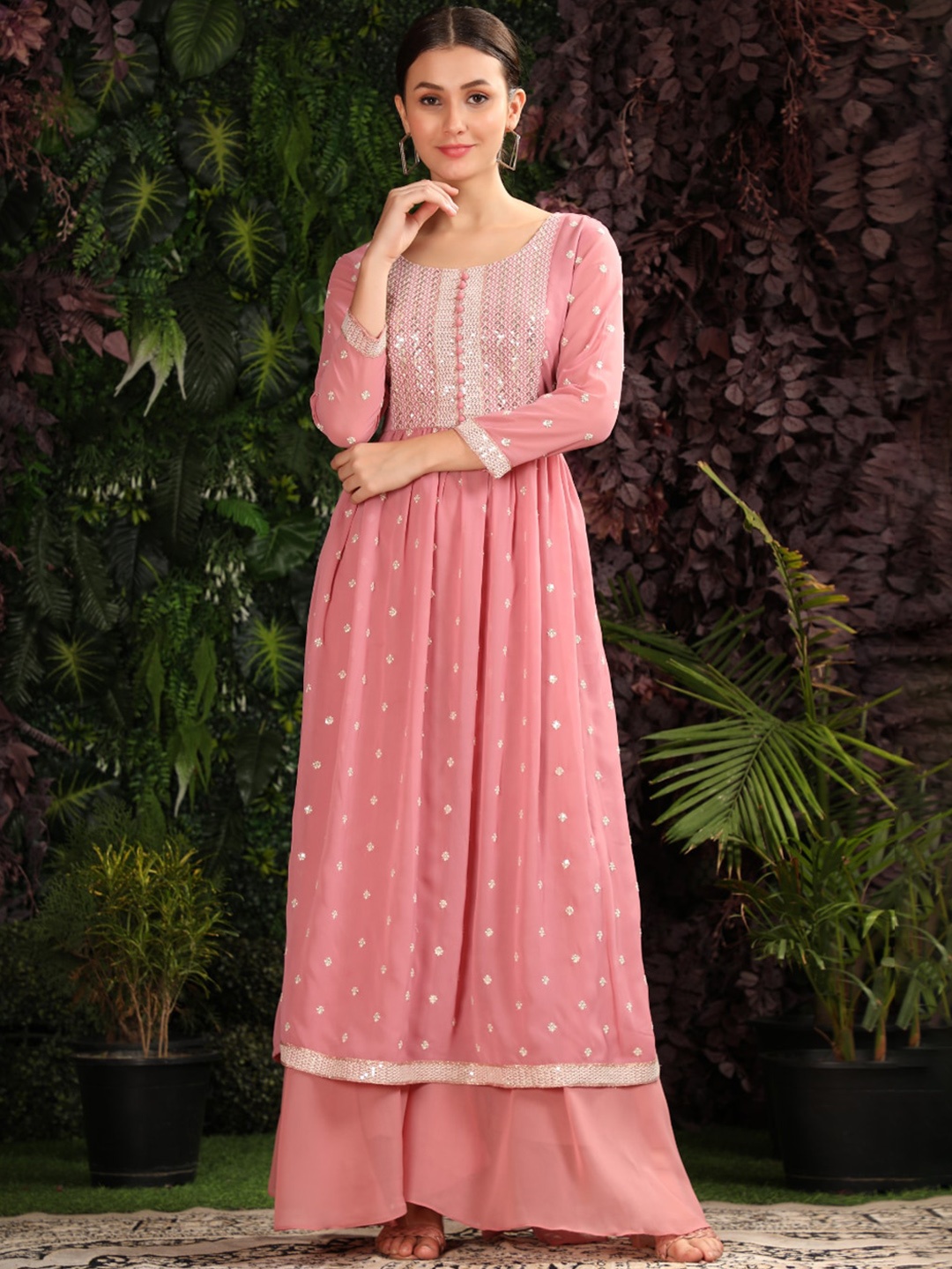 

KALINI Women Pink Floral Embroidered Sequinned Kurti with Sharara & With Dupatta