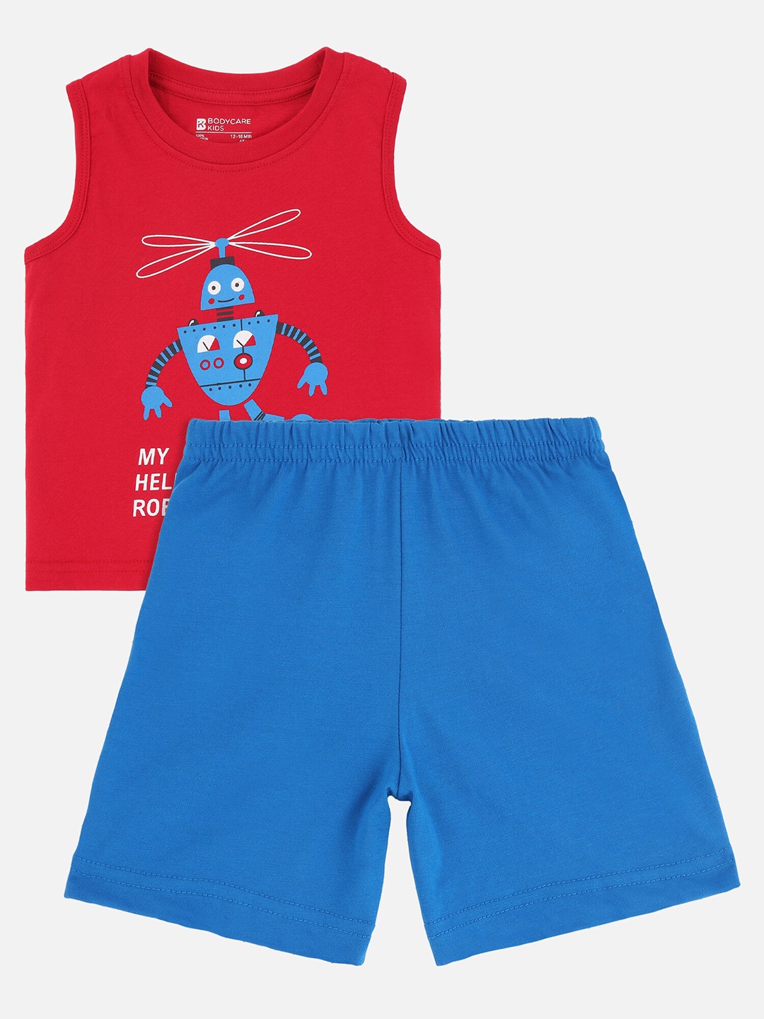 

Bodycare Kids Boys Red & Blue Printed Pure Cotton T-shirt with Shorts