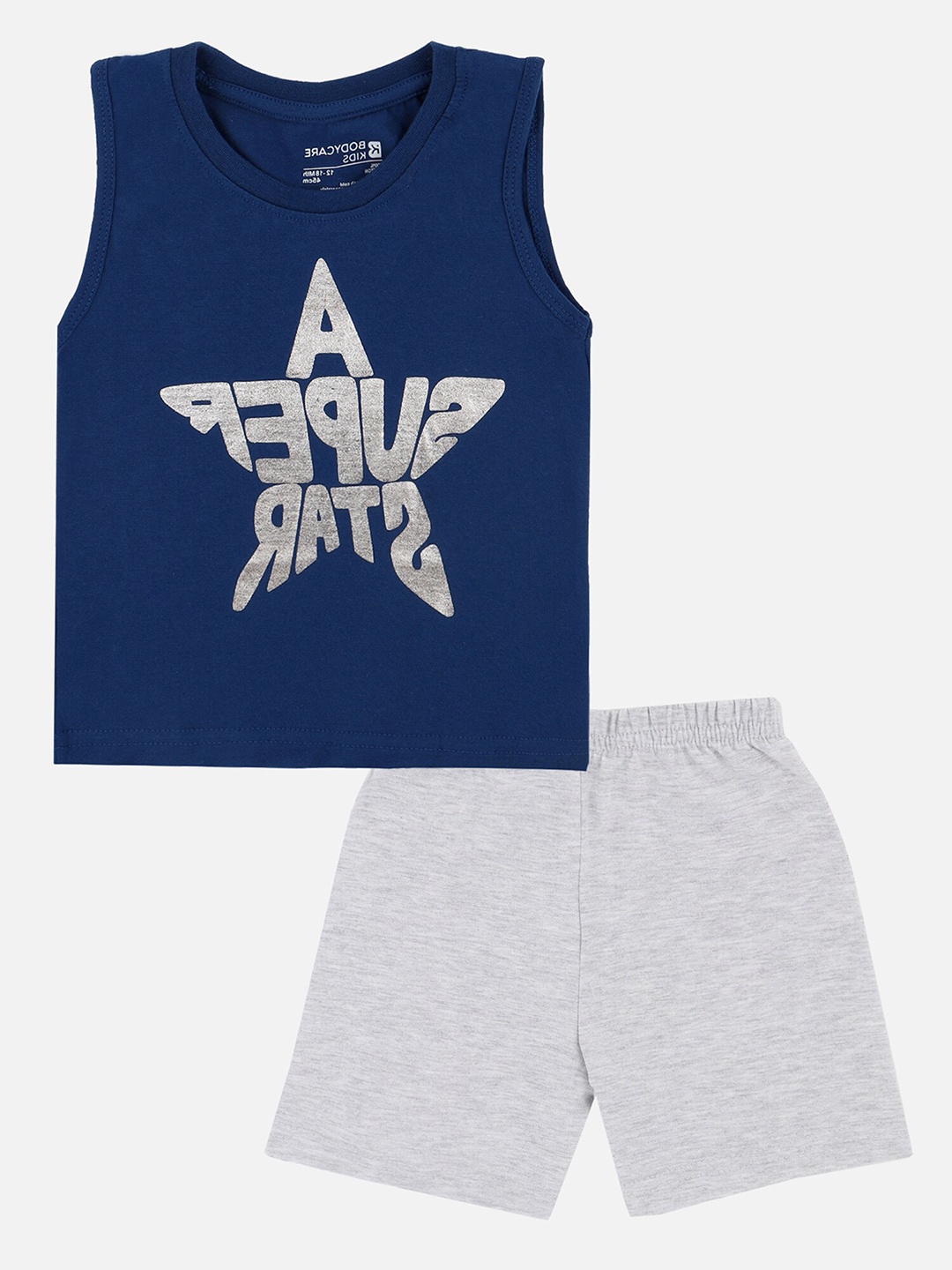

Bodycare Kids Boys Navy Blue & Grey Printed Pure Cotton T-shirt with Shorts