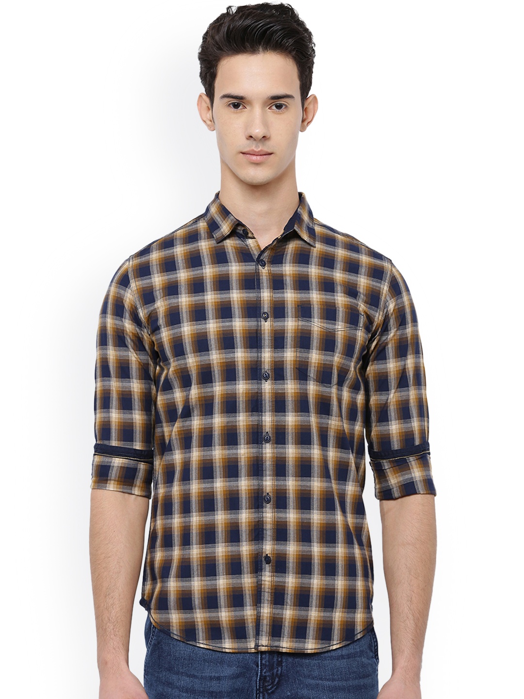 

LOCOMOTIVE Men Navy & Beige Slim Fit Checked Casual Shirt, Navy blue