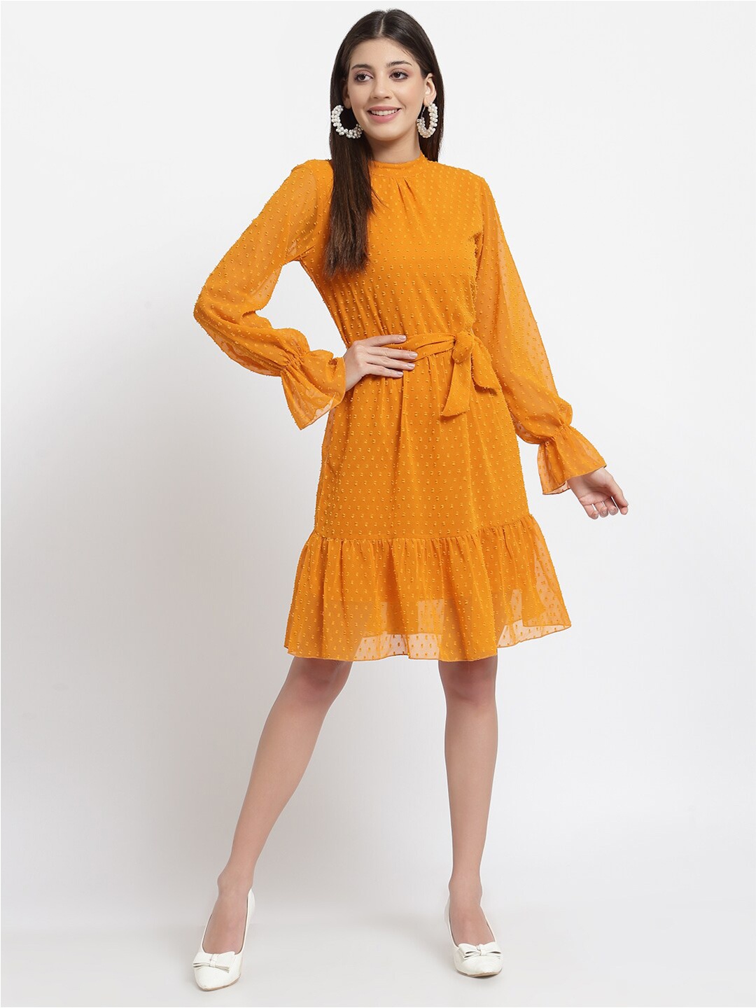 

aayu Mustard Yellow Georgette High Neck A-Line Dress