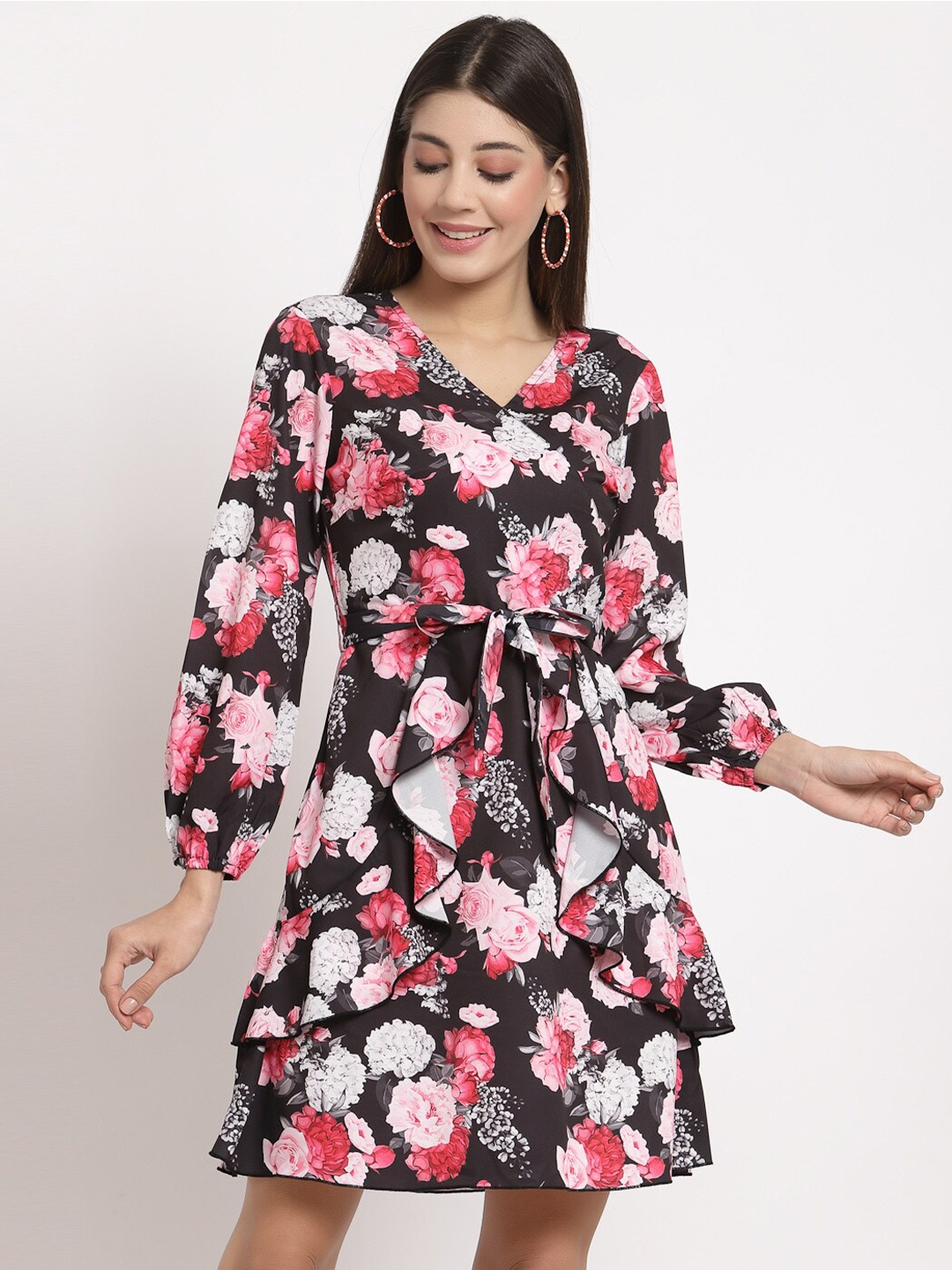 

aayu Black & Red Floral Printed Crepe A-Line Dress