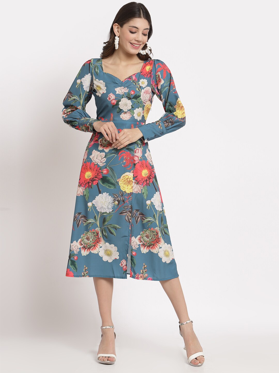 

aayu Teal & Red Floral Printed Crepe A-Line Midi Dress