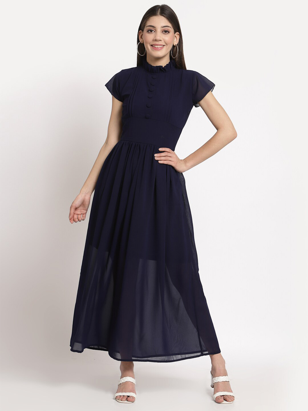 

aayu Blue Georgette High Neck Maxi Dress
