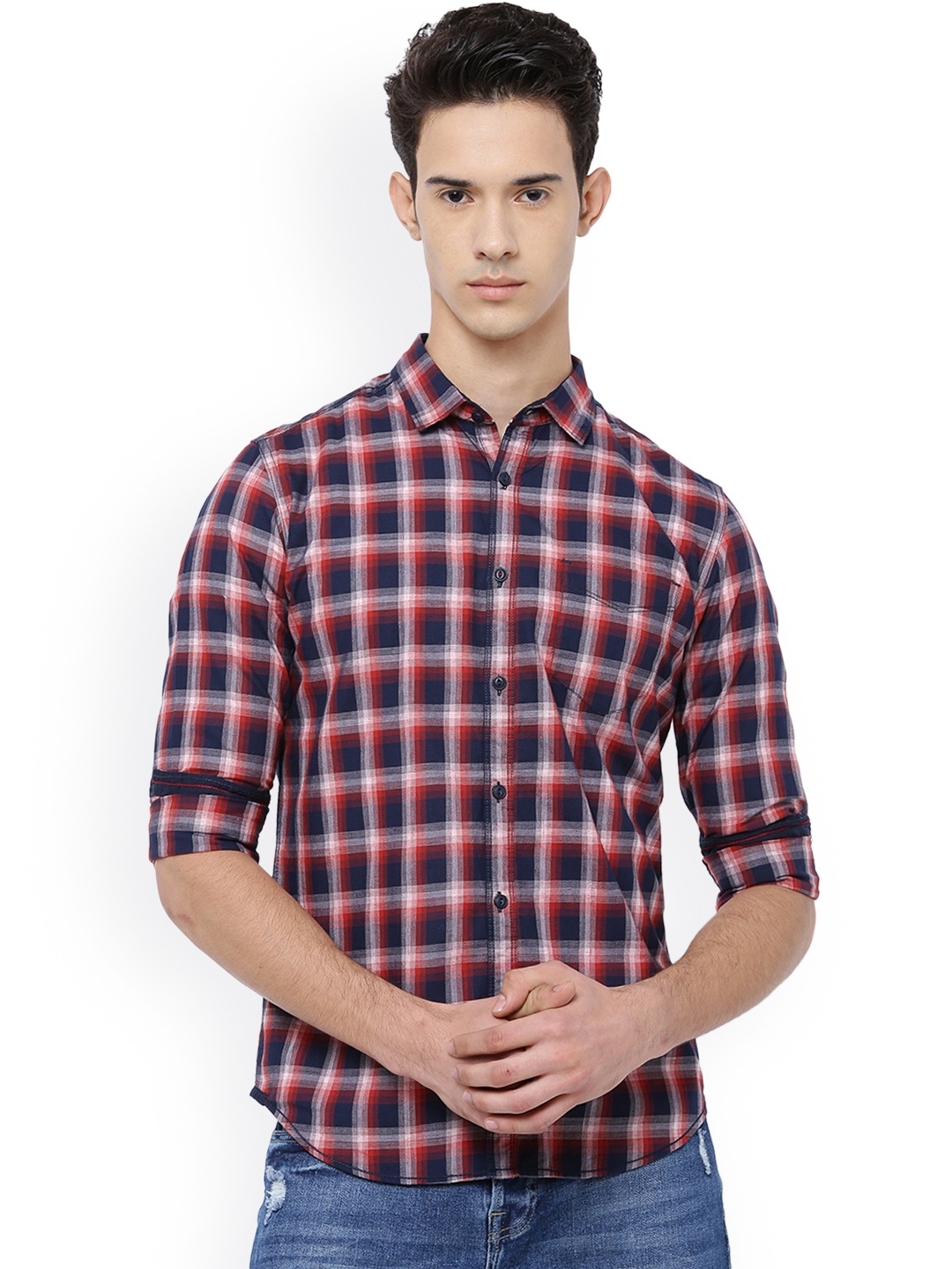 

LOCOMOTIVE Men Navy & Red Slim Fit Checked Casual Shirt, Navy blue