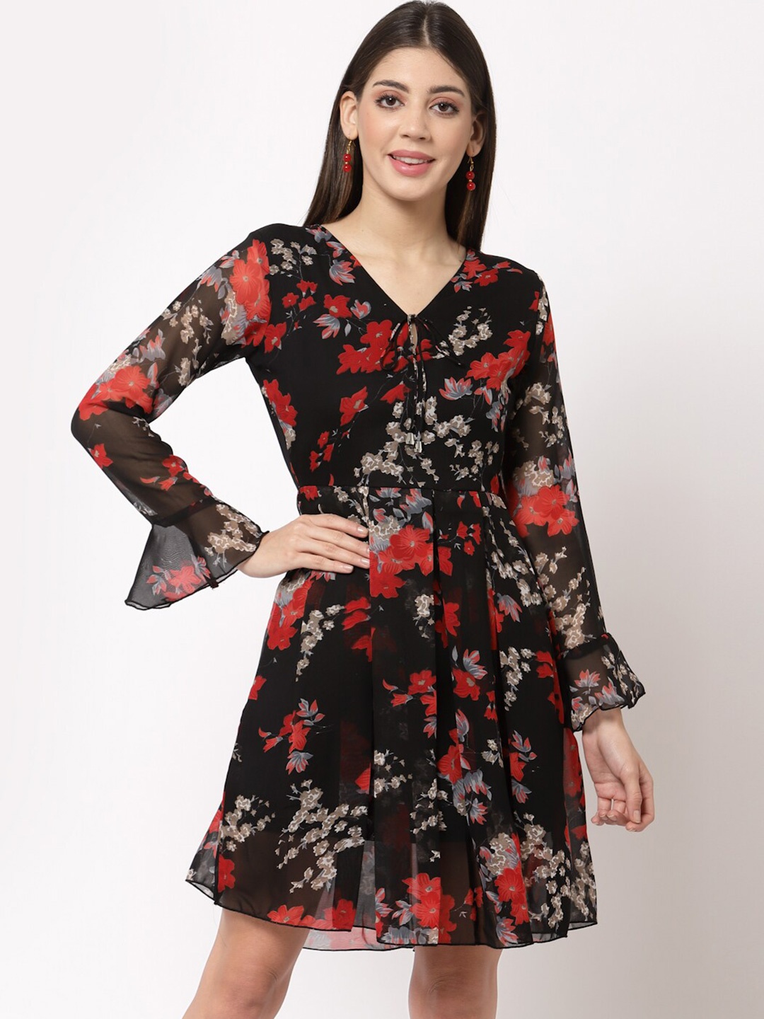 

aayu Black & Red Floral Printed Tie-Up Neck Georgette A-Line Dress
