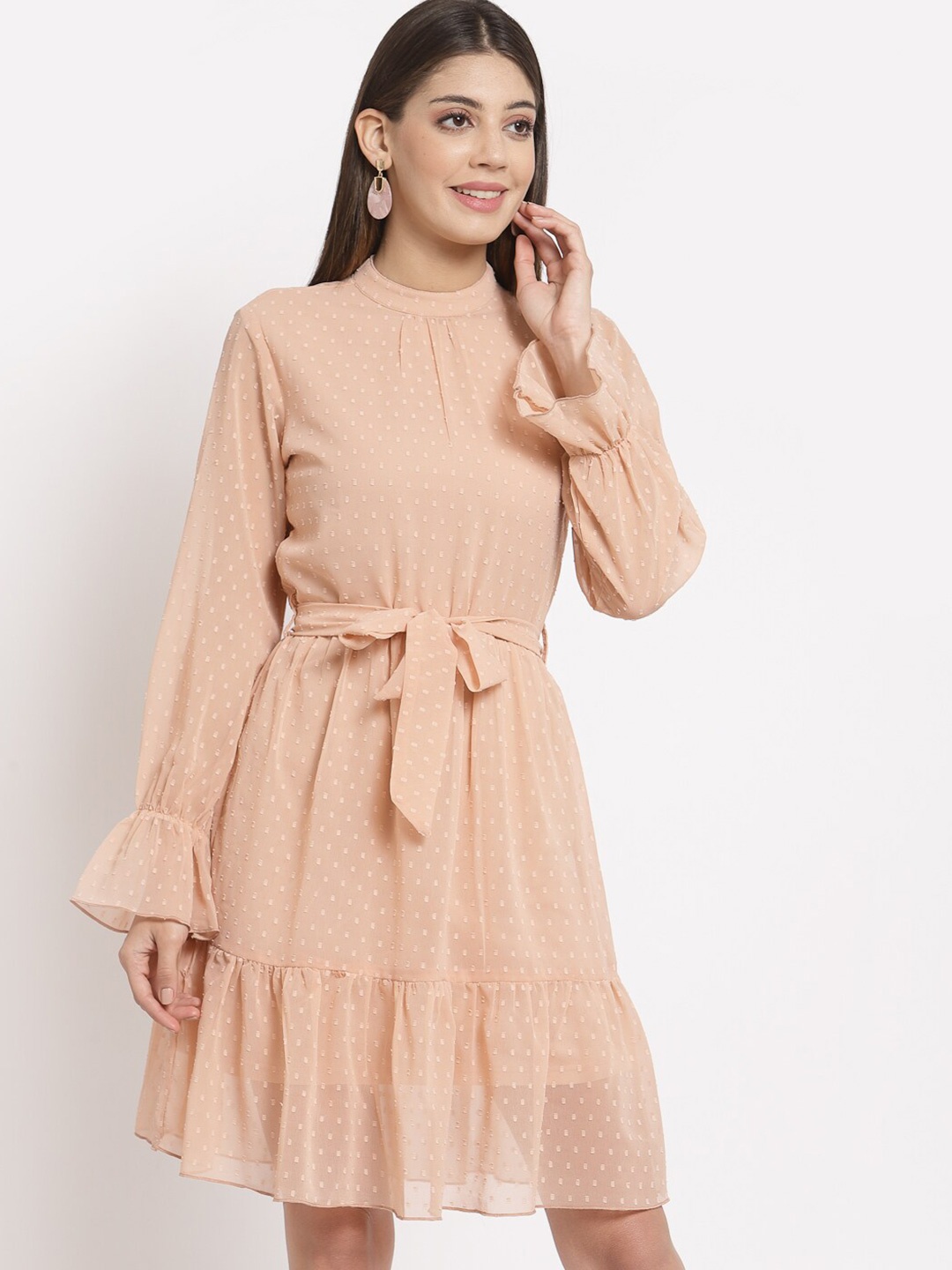 

aayu Peach-Coloured Georgette High Neck A-Line Dress