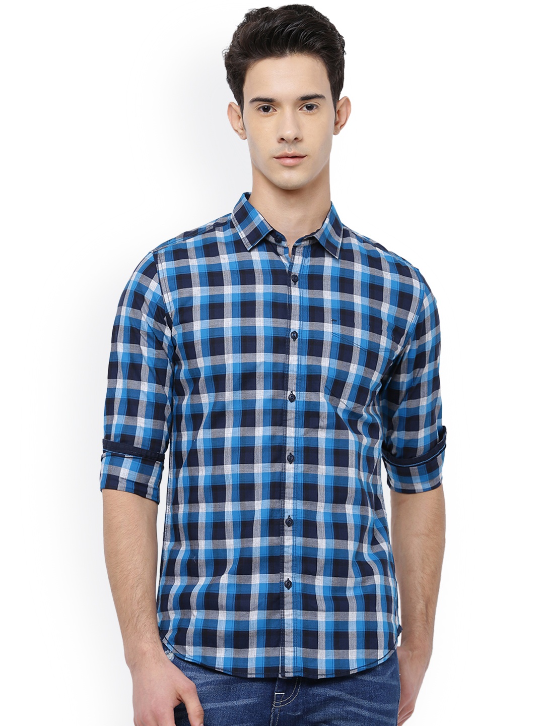 

LOCOMOTIVE Men Blue Slim Fit Checked Casual Shirt