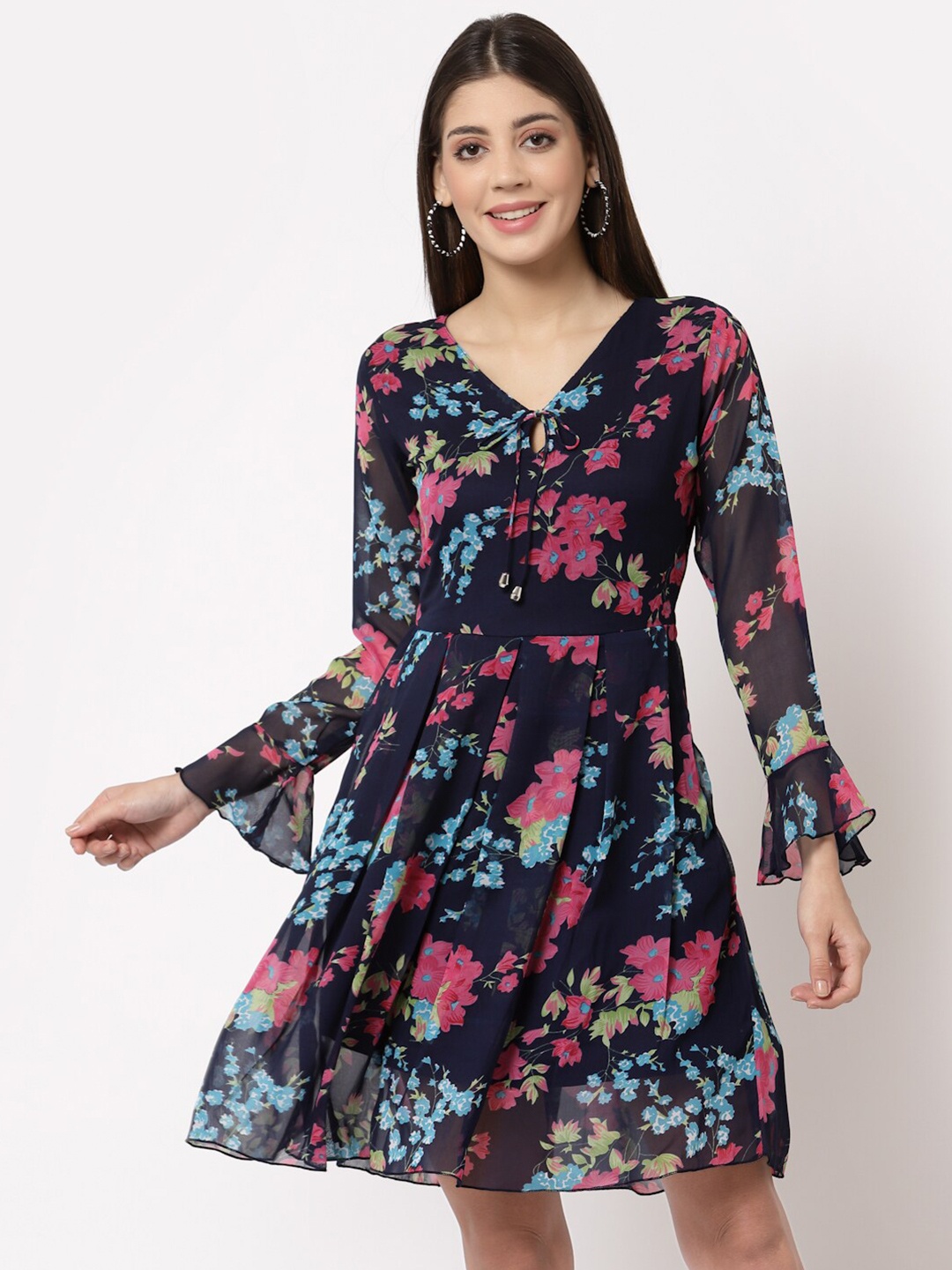 

aayu Women Navy Blue & Pink Floral Georgette Dress