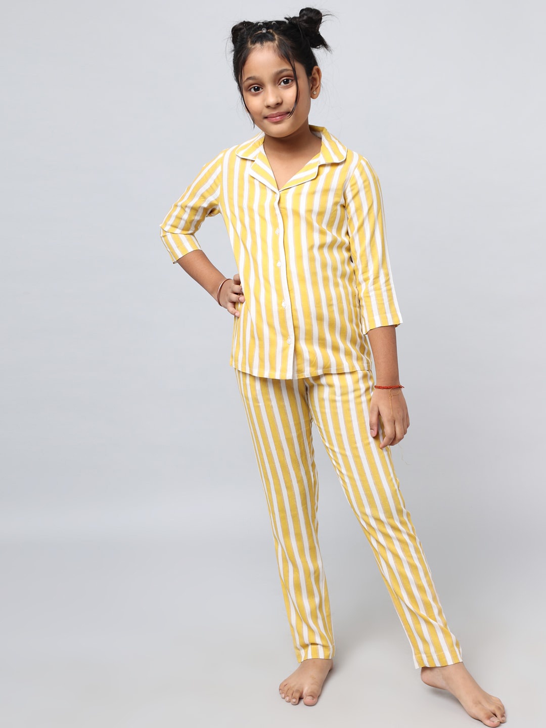 

HERE&NOW Girls Yellow & White Striped Night suit