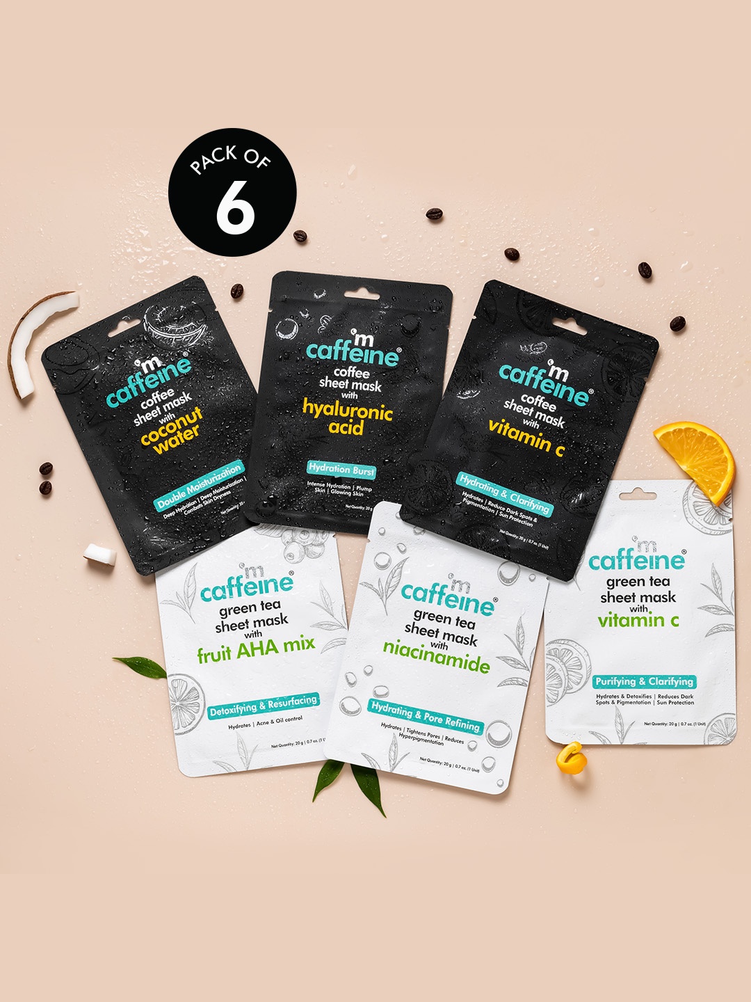 

MCaffeine Set Of 6 Coffee & Green Tea Face Sheet Masks 120g, White