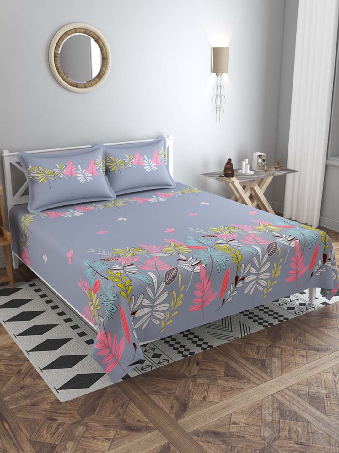 

Slushy Mushy Grey & Pink Floral 300 TC King Bedsheet with 2 Pillow Covers