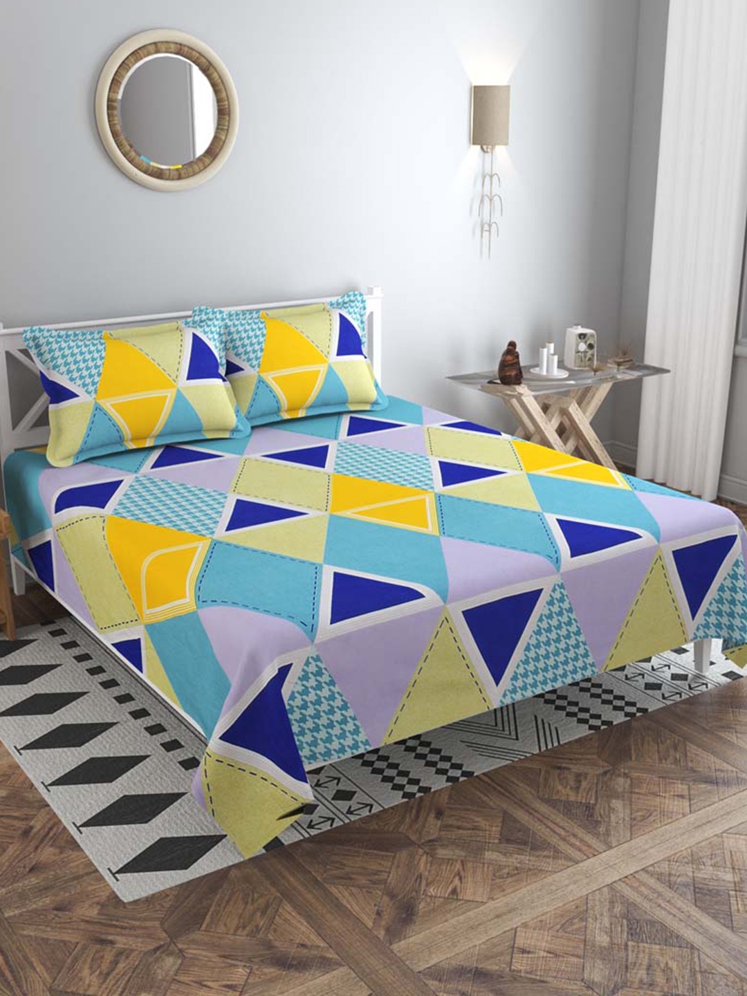 

Slushy Mushy Blue & Purple Geometric 300 TC King Bedsheet with 2 Pillow Covers