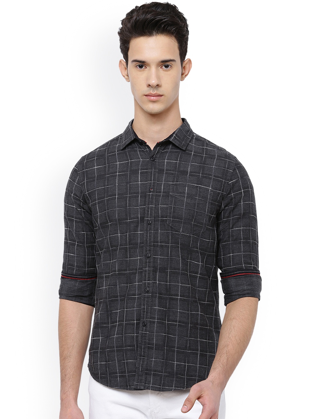 

LOCOMOTIVE Men Grey Slim Fit Self-Checked Casual Shirt