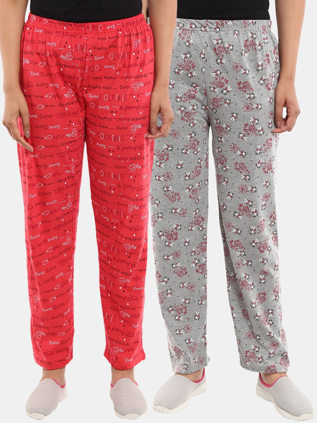 

V-Mart Women Pack Of 2 Printed Cotton Lounge Pants, Grey