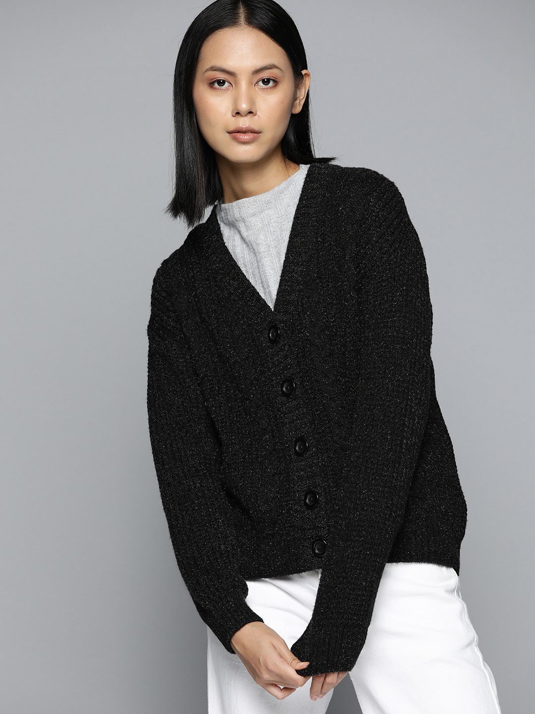 

ether Women Black Cable Knit Cardigan with Fuzzy Detail