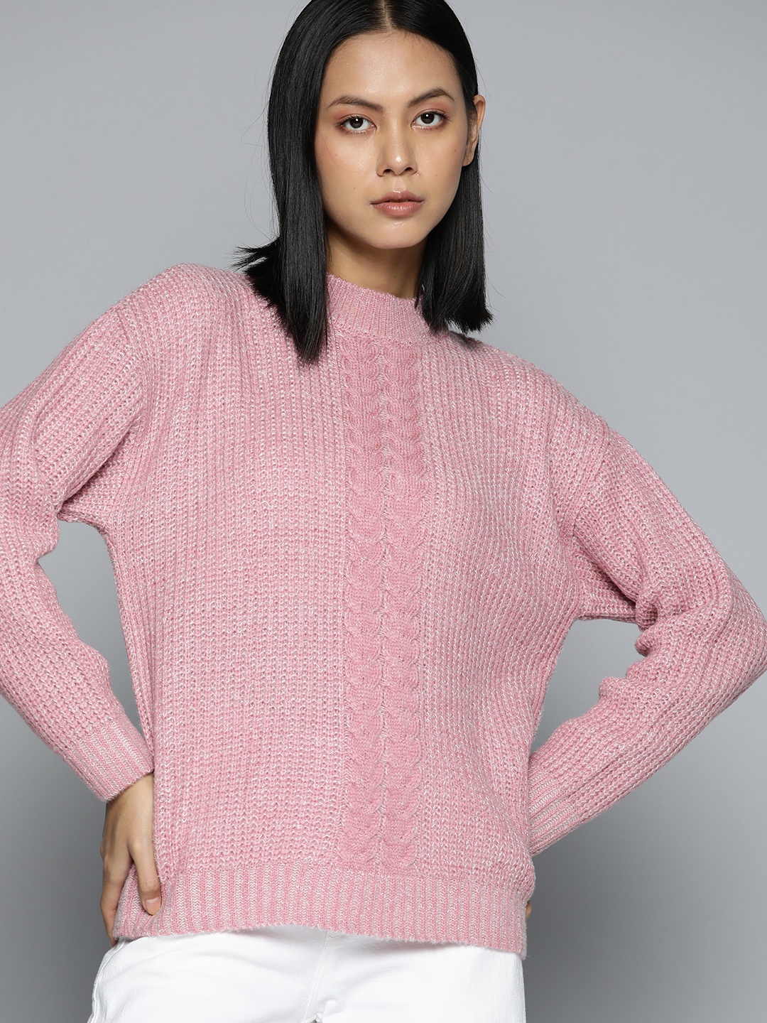 

ether Women Pink Cable Knit Pullover with Fuzzy Detail