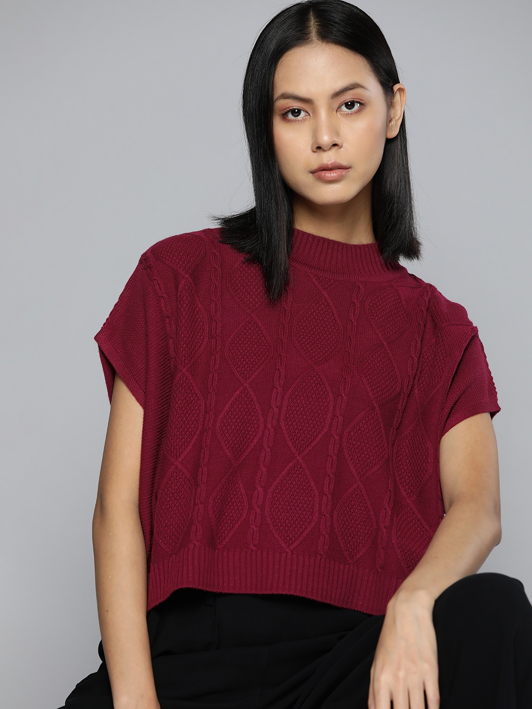 

ether Women Fuchsia Oversized Cable Knit Sweater Vest