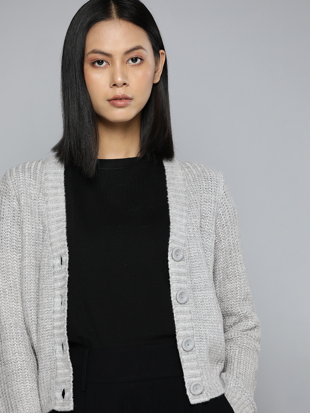 

ether Women Grey Cardigan with Fuzzy Detail