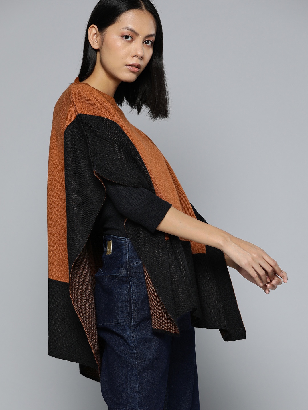 ether Women Colourblocked Poncho, Black