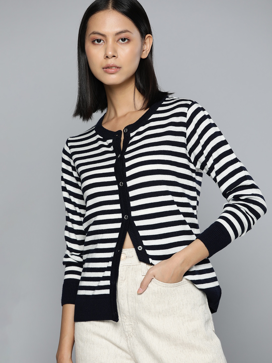

ether Women Striped Cardigan, Navy blue
