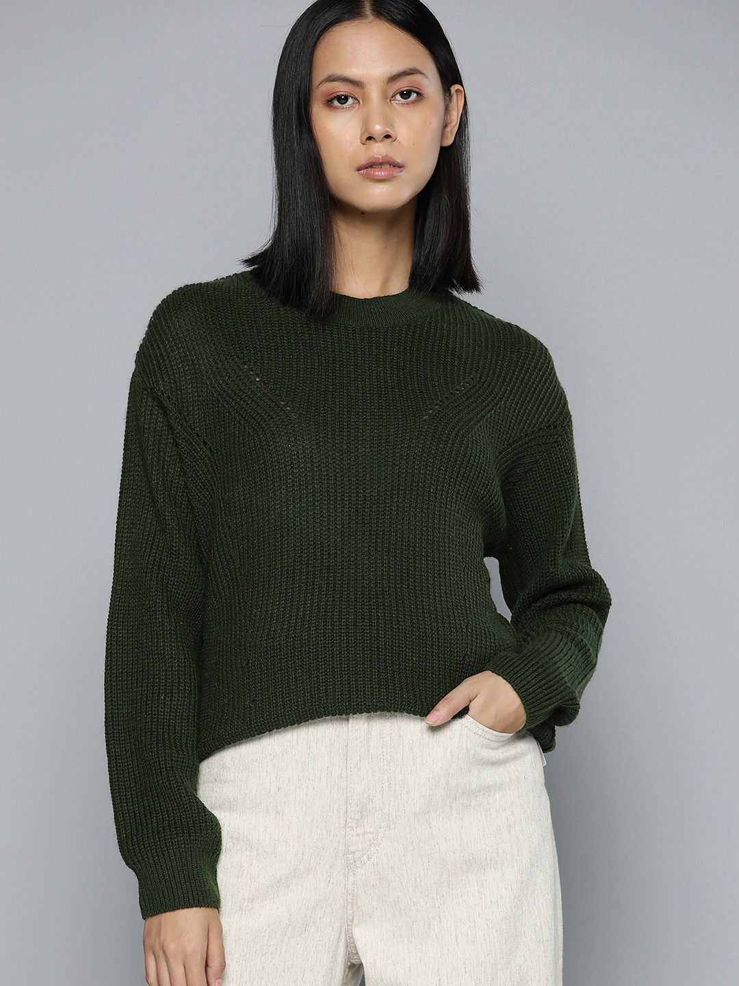 

ether Women Olive Green Solid Sweater