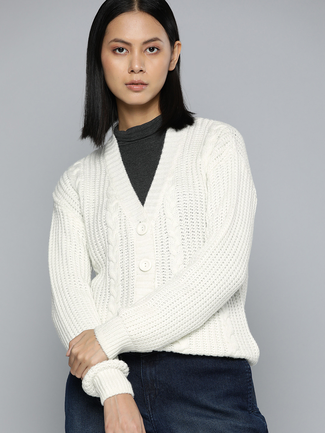 

ether Women Off White Cable Knit Cardigan with Fuzzy Detail