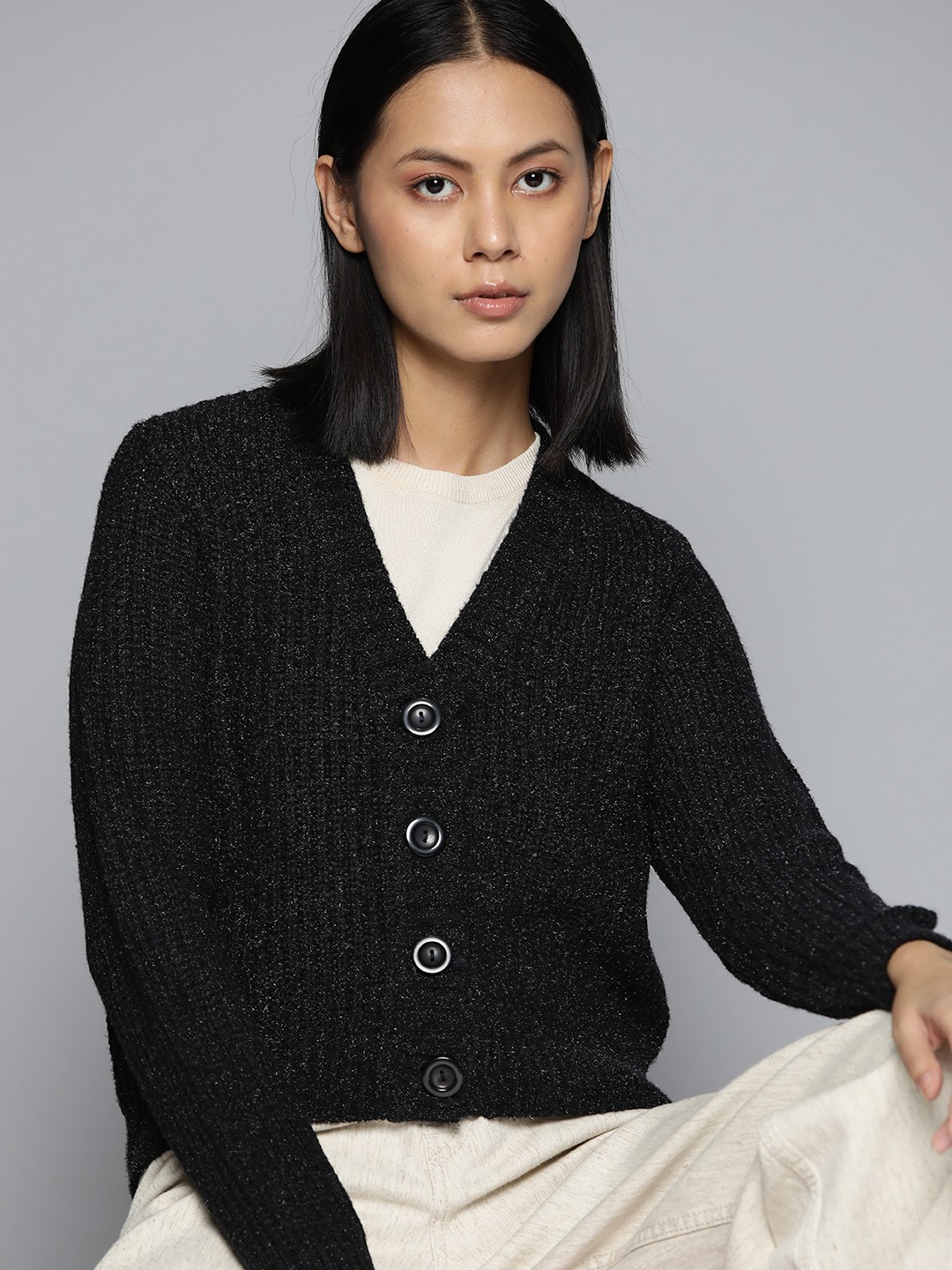 

ether Women Black Cardigan with Fuzzy Detail