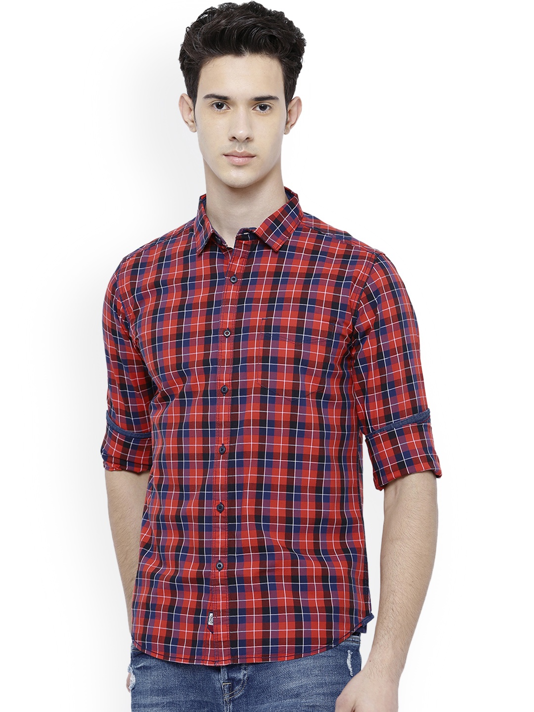 

LOCOMOTIVE Men Orange & Navy Blue Slim Fit Checked Casual Shirt