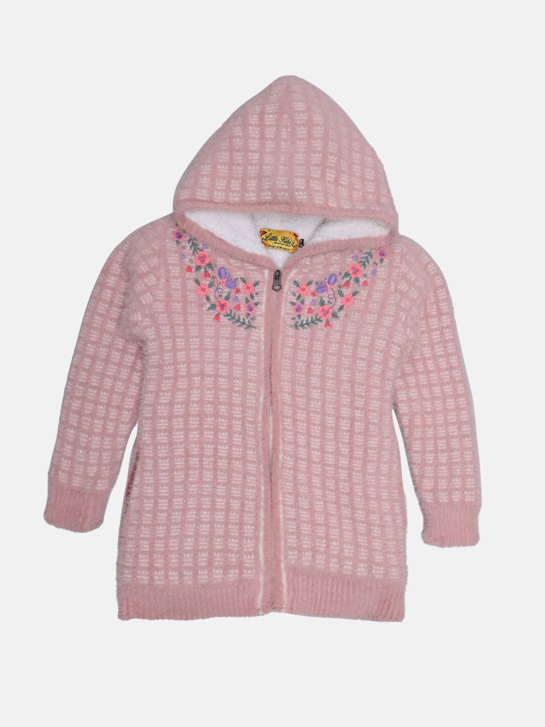 

Little Kiki Girls Pink Woolen Checked Cardigan with Embroidered Detail