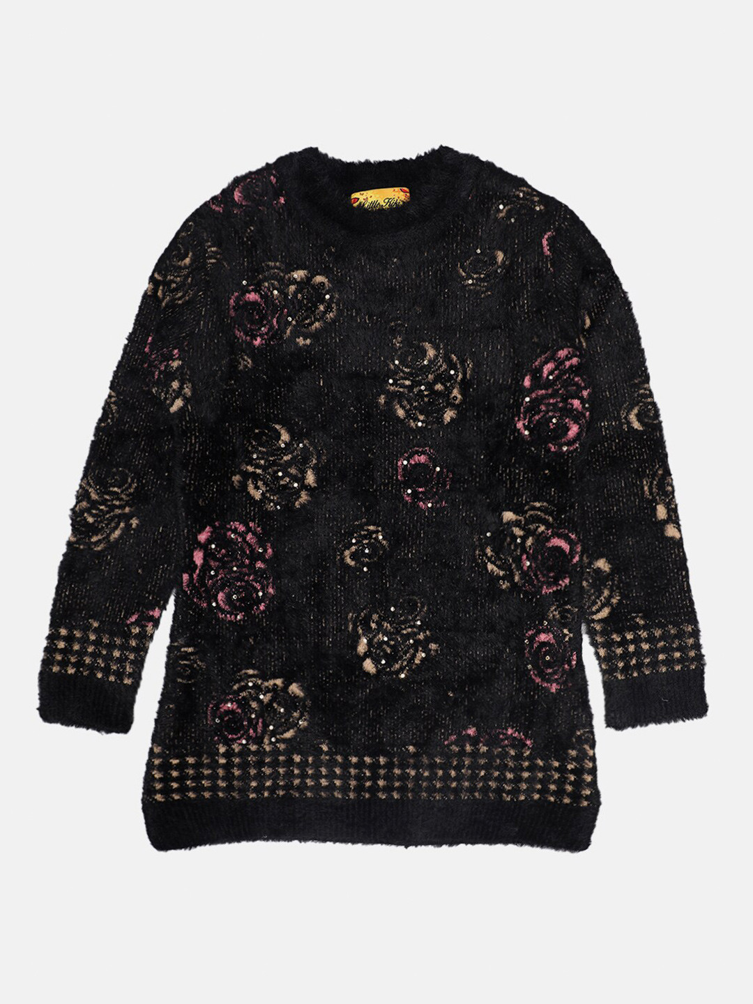 

Little Kiki Girls Black & Pink Woolen Floral Printed Pullover with Fuzzy Detail