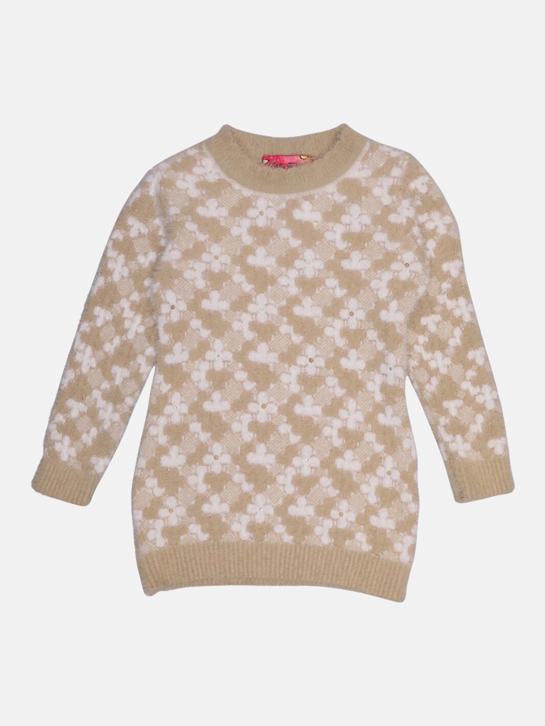 

Little Kiki Girls Beige & White Woolen Floral Pullover with Fuzzy Detail