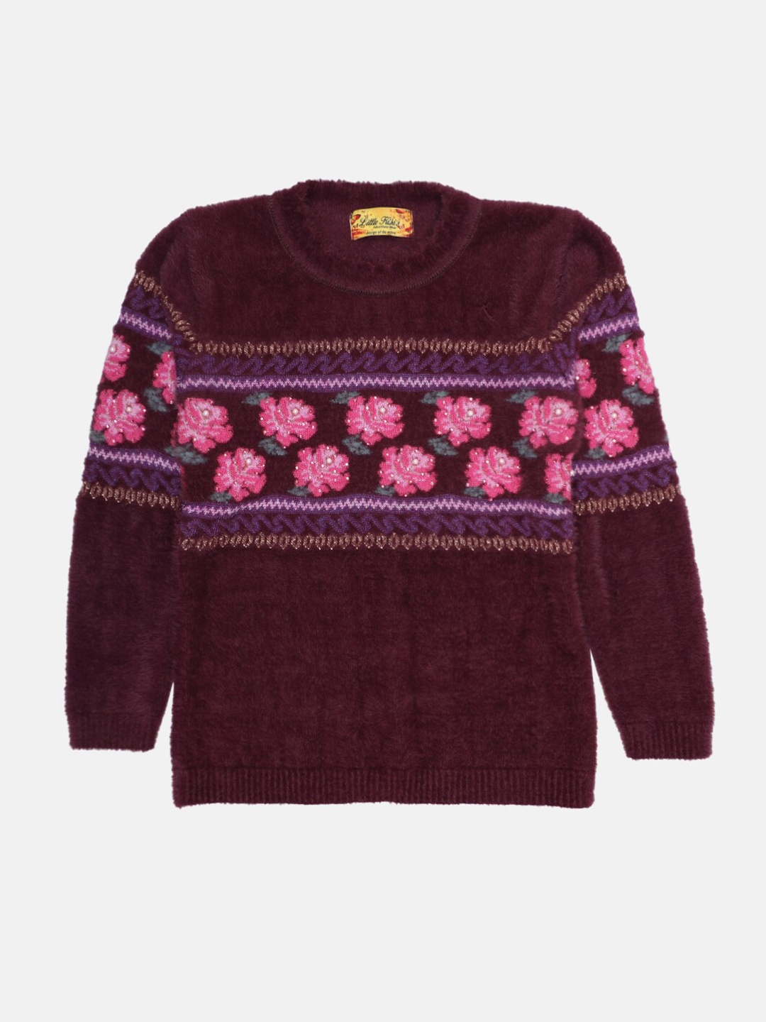 

Little Kiki Girls Purple & Pink Woolen Floral Printed Pullover with Fuzzy Detail