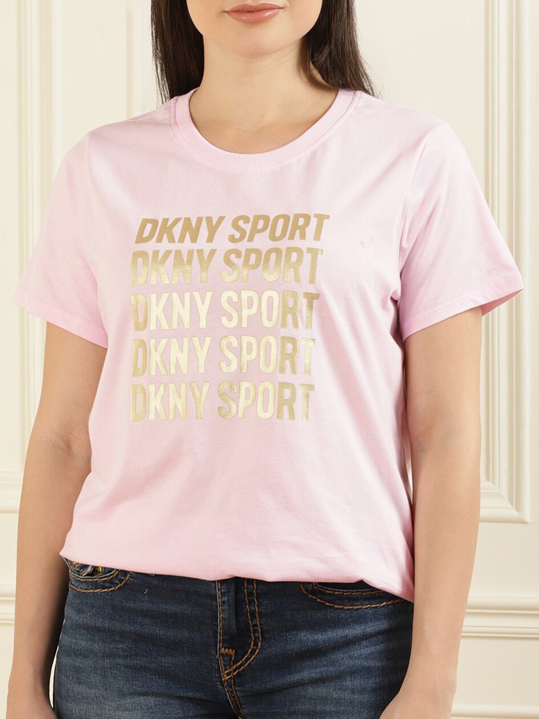 

DKNY Women Pink Typography Printed Pure Cotton Top