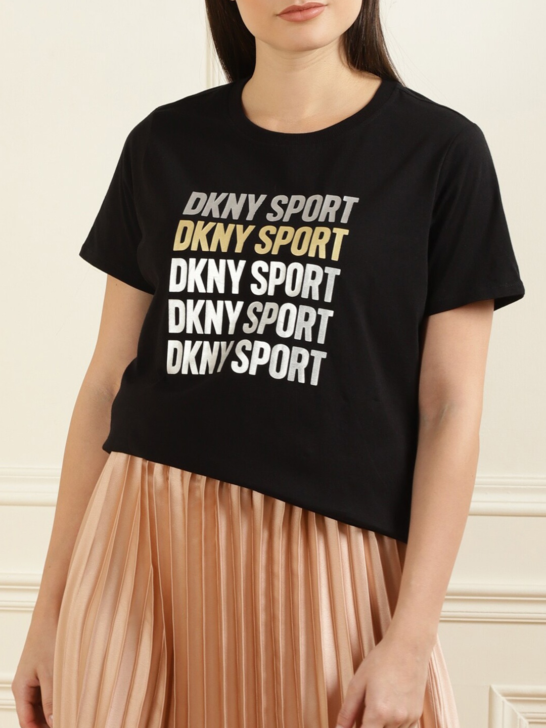 

DKNY Women Black Typography Printed Pure Cotton Top