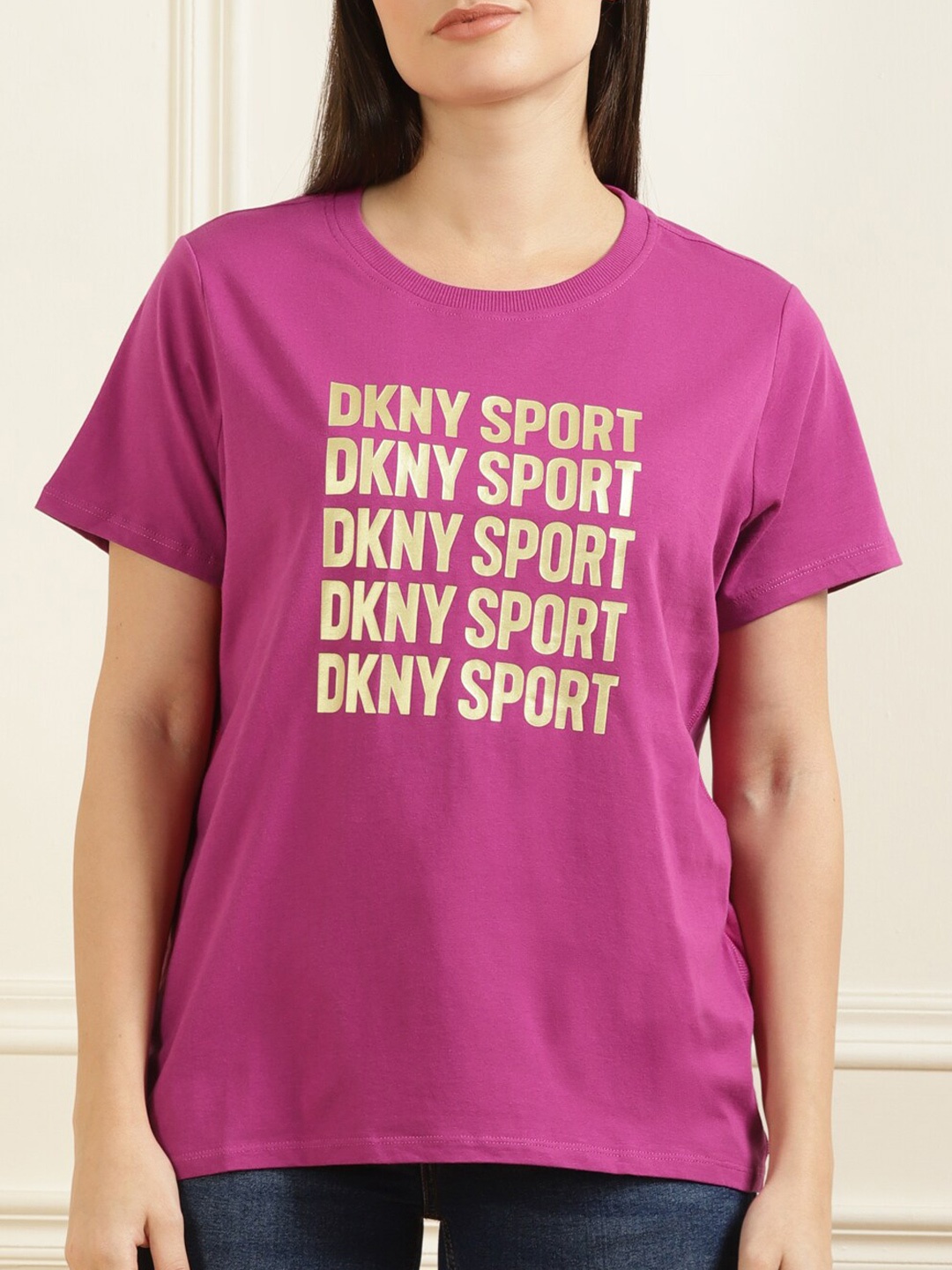 

DKNY Women Purple Typography Printed Pure Cotton Top