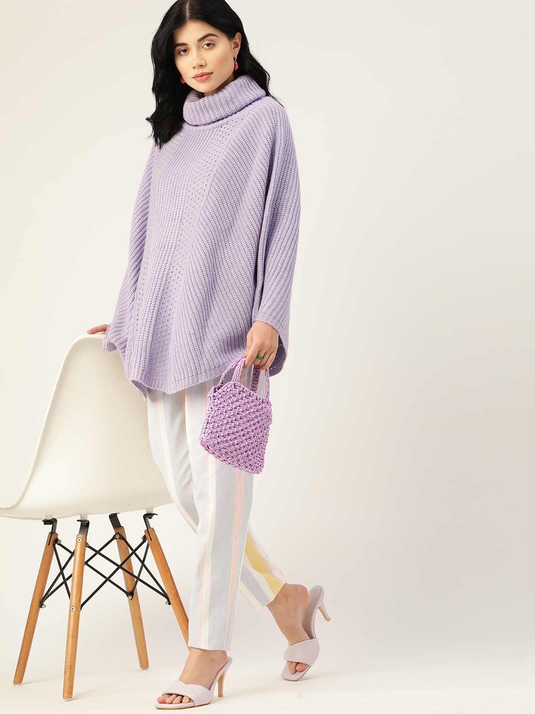 

DressBerry Women Lavender Solid Acrylic Longline Poncho