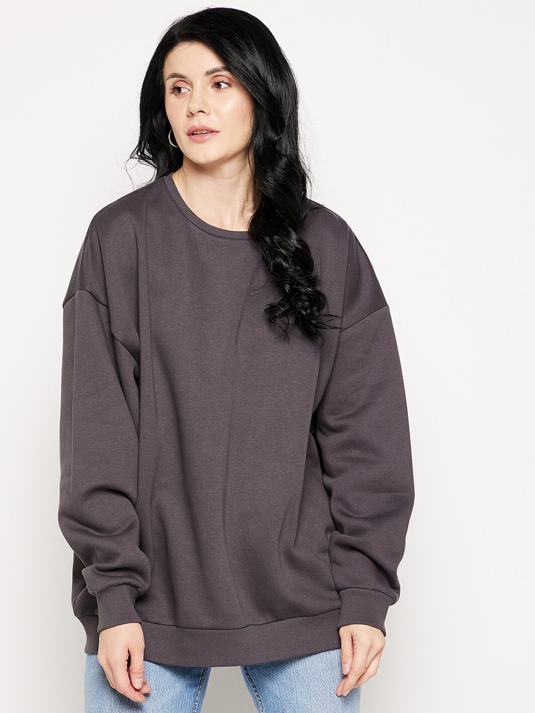 

EDRIO Women Charcoal Oversized Fleece Sweatshirt