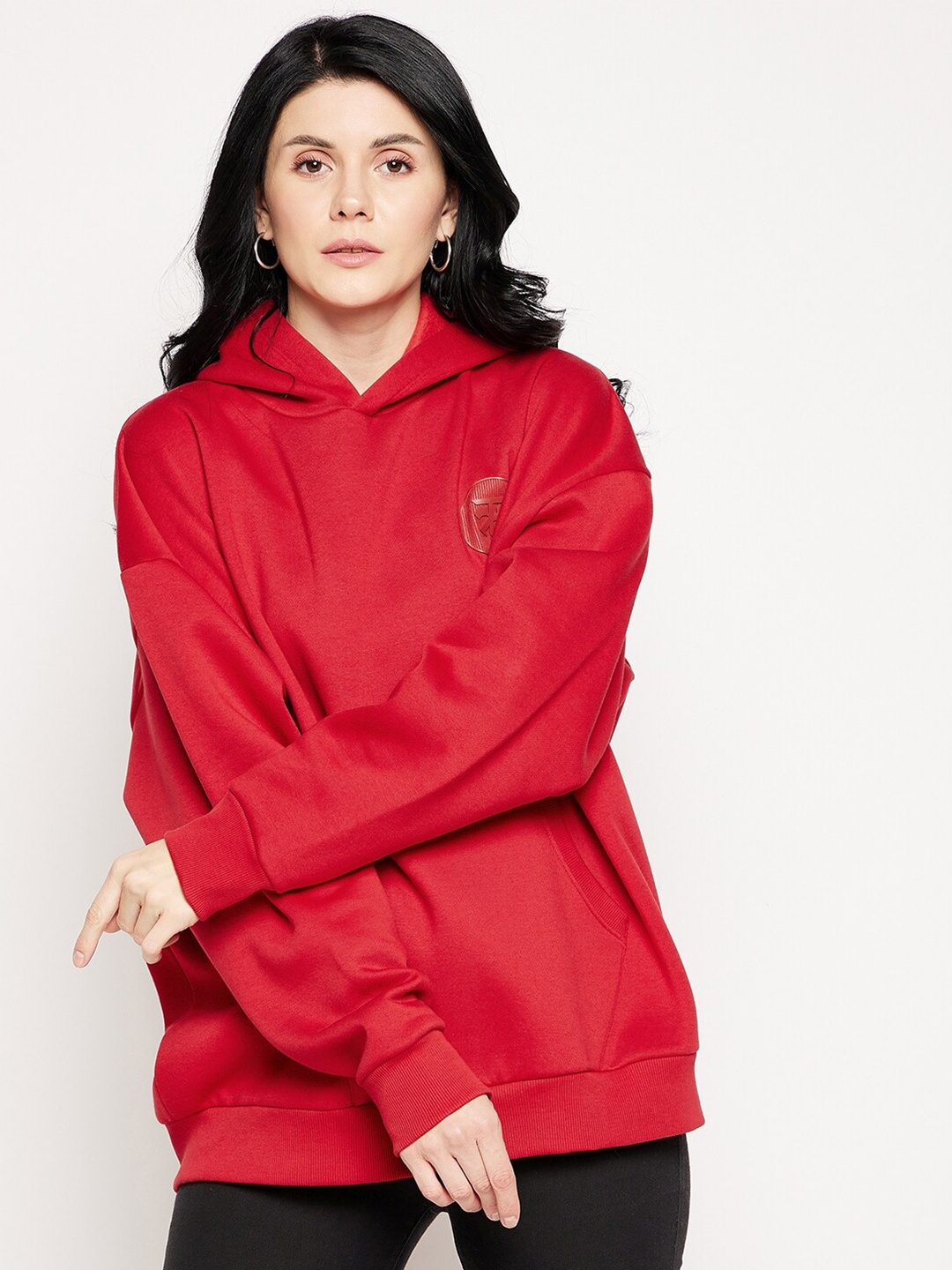 

EDRIO Women Red Hooded Oversized Fleece Sweatshirt
