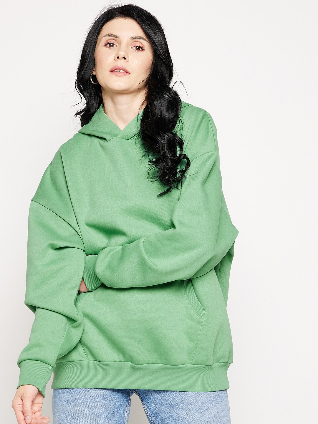 EDRIO Women Green Hooded Oversized Fleece Sweatshirt