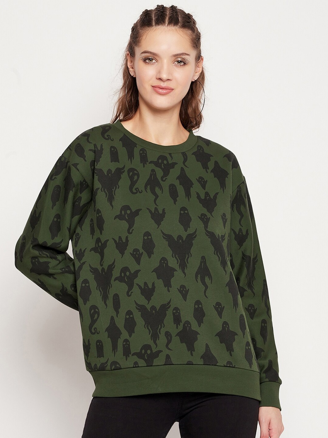 

EDRIO Women Green Printed Sweatshirt