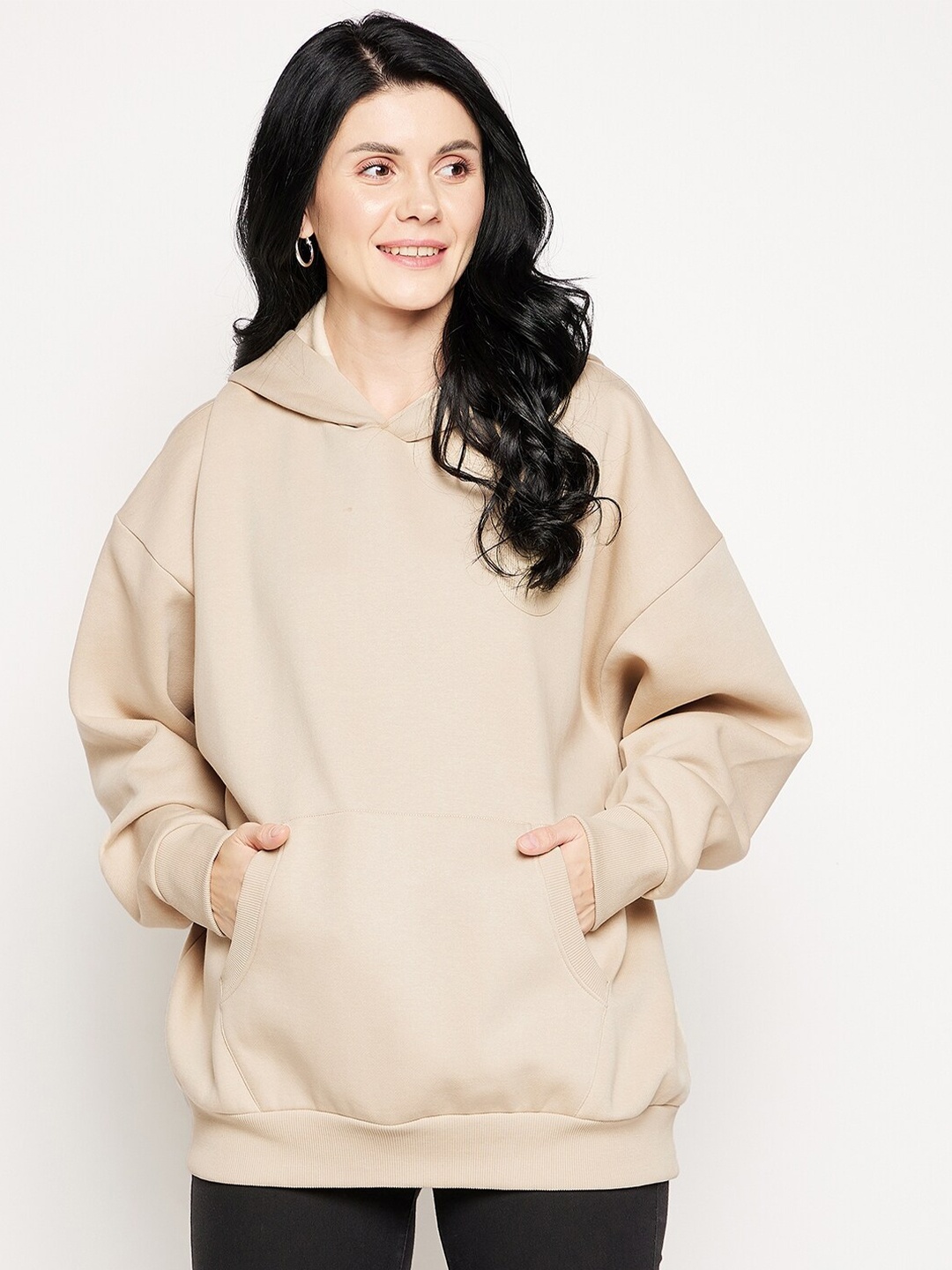

EDRIO Women Beige Hooded Oversized Fleece Sweatshirt