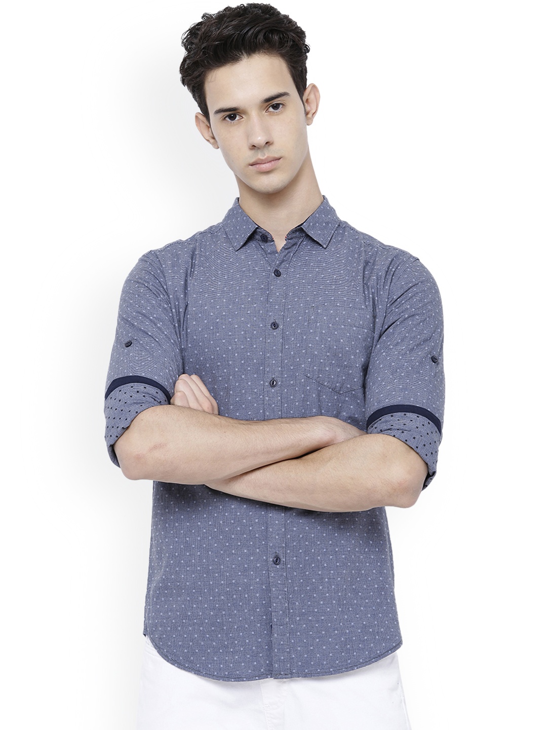 

LOCOMOTIVE Men Navy & Off-White Slim Fit Self-Design Casual Shirt, Navy blue