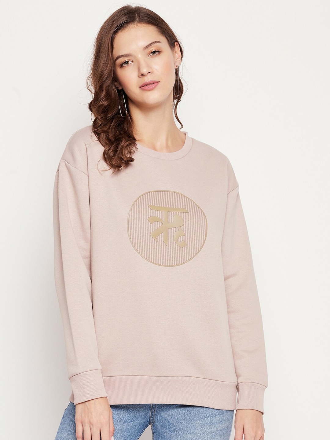 

EDRIO Women Beige Round Neck Fleece Sweatshirt