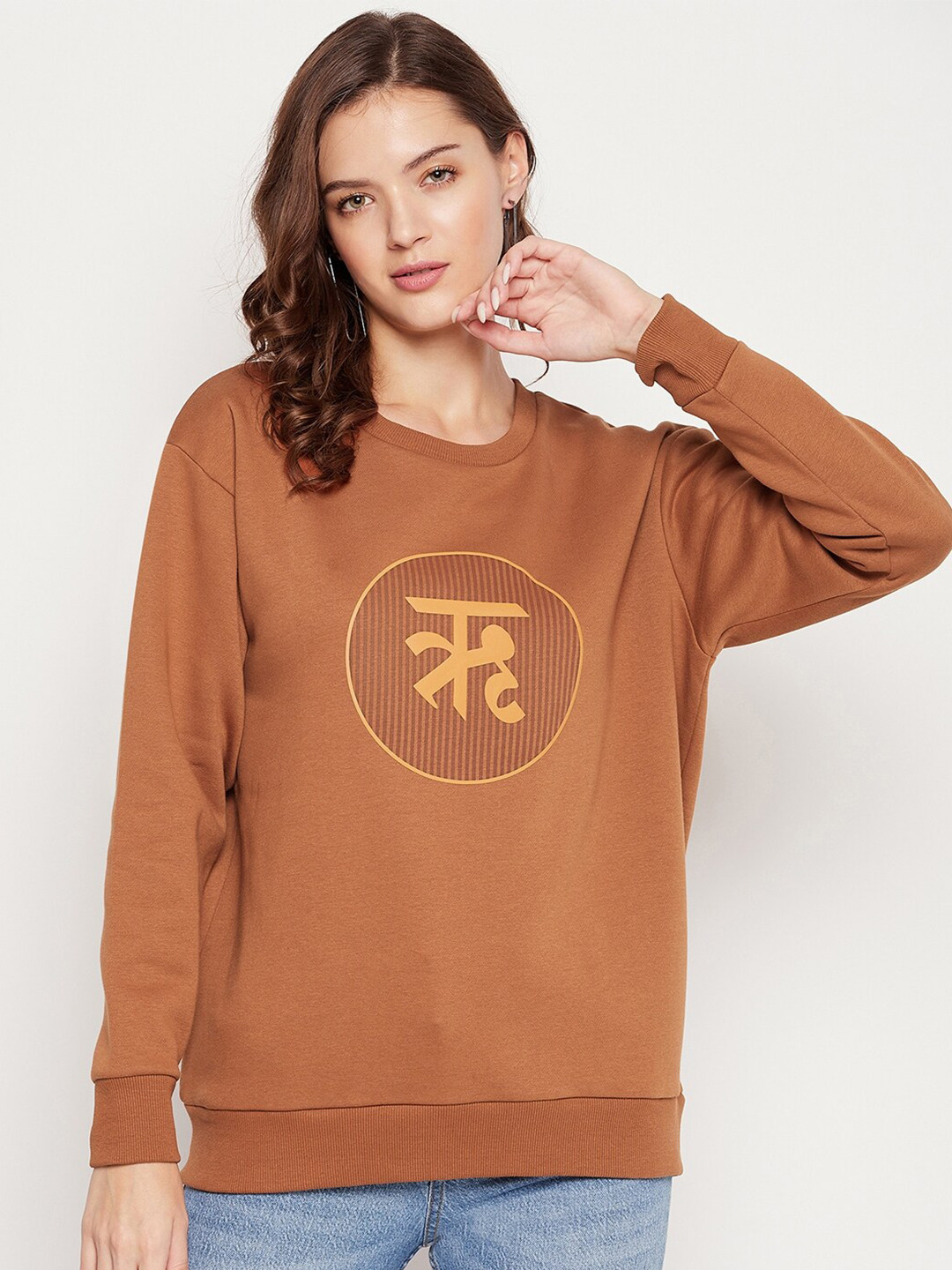 

EDRIO Women Brown Round Neck Fleece Sweatshirt