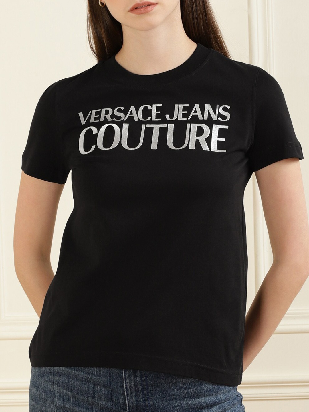 

Versace Jeans Couture Women Black Brand Logo Printed Pure Cotton T-shirt