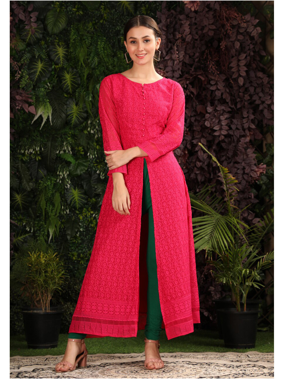 

KALINI Women Fuchsia Ethnic Motifs Embroidered Chikankari Georgette Kurta