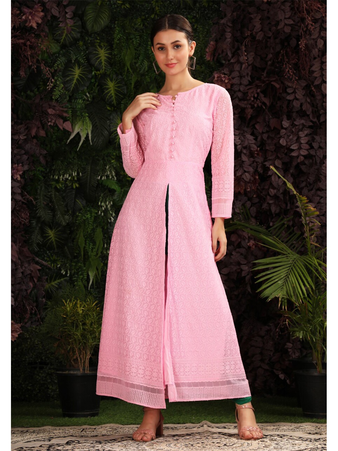 

KALINI Women Pink Ethnic Motifs Embroidered Chikankari Georgette Kurta
